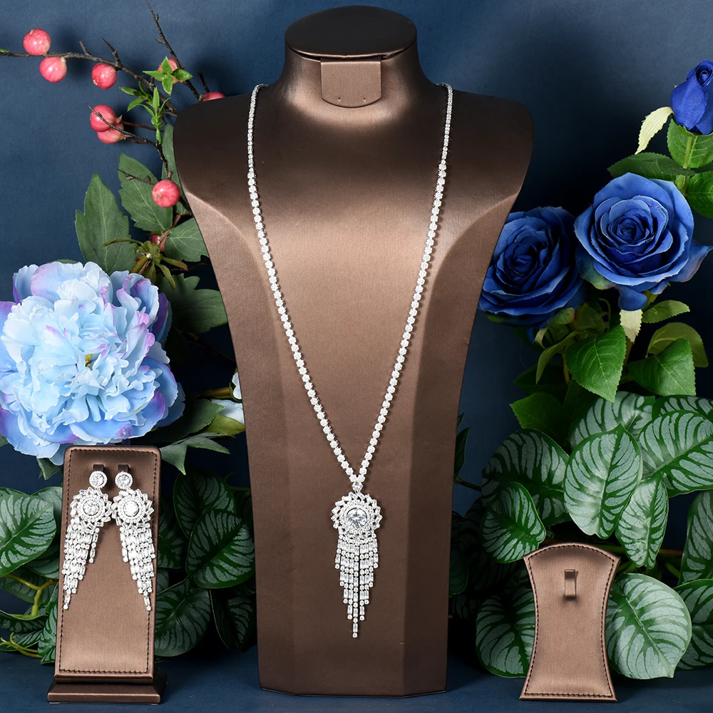 

HIBRIDE Exquisite Cubic Zirconia Wedding Party Jewelry Sets Water Drop High Quality Bridal Long Sweater Necklace Earring N-1429