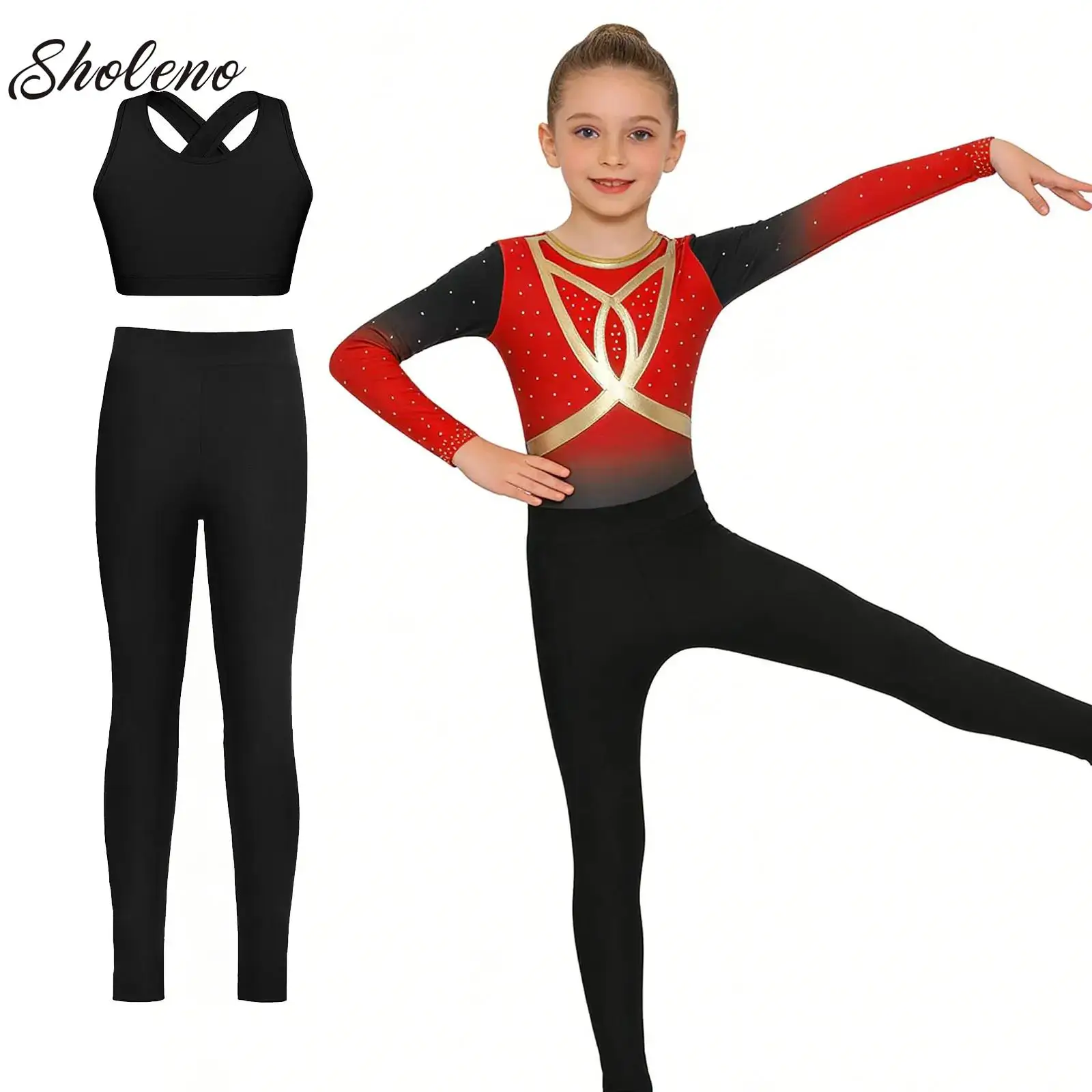 

Girls Long Sleeves Gymnastics Dance Jumpsuit Gradient Rhinestone Ballet Dance Leotard Skating Bodysuit Vest and Leggings Costume
