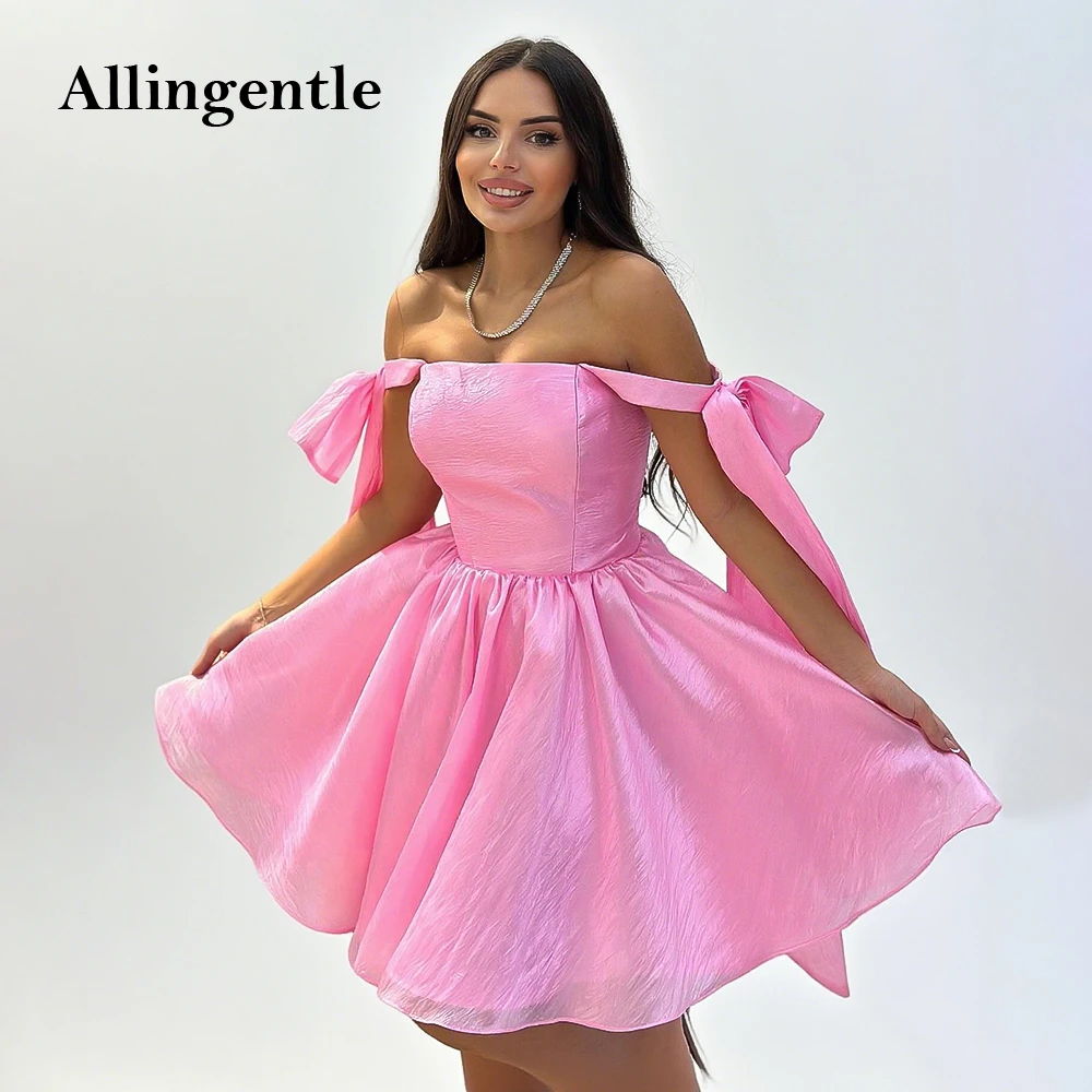 

Cute Lovely Pink Short Prom Evening Dress Off Shoulder Bow Ribbons Elegant A-Line Birthday Party Mini Cocktail Gowns Customized