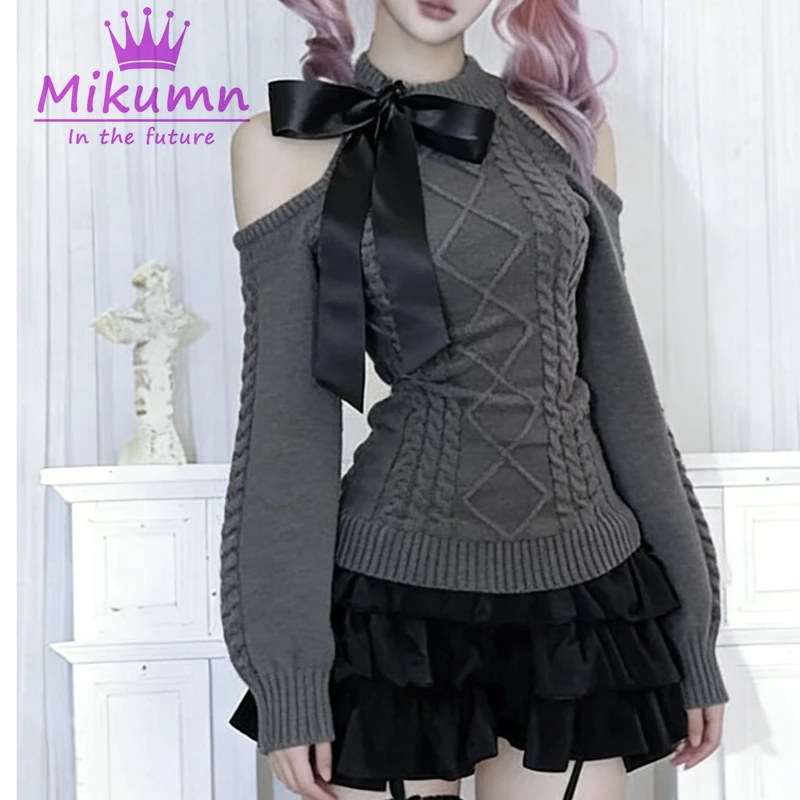 Mikumn Harajuku Damen Grauer Cold-Shoulder-Pullover mit Schleife, Langarm, Slim-Fit, Y2K Vintage Strickpullover, Einfarbiger Jumper, Streetwear