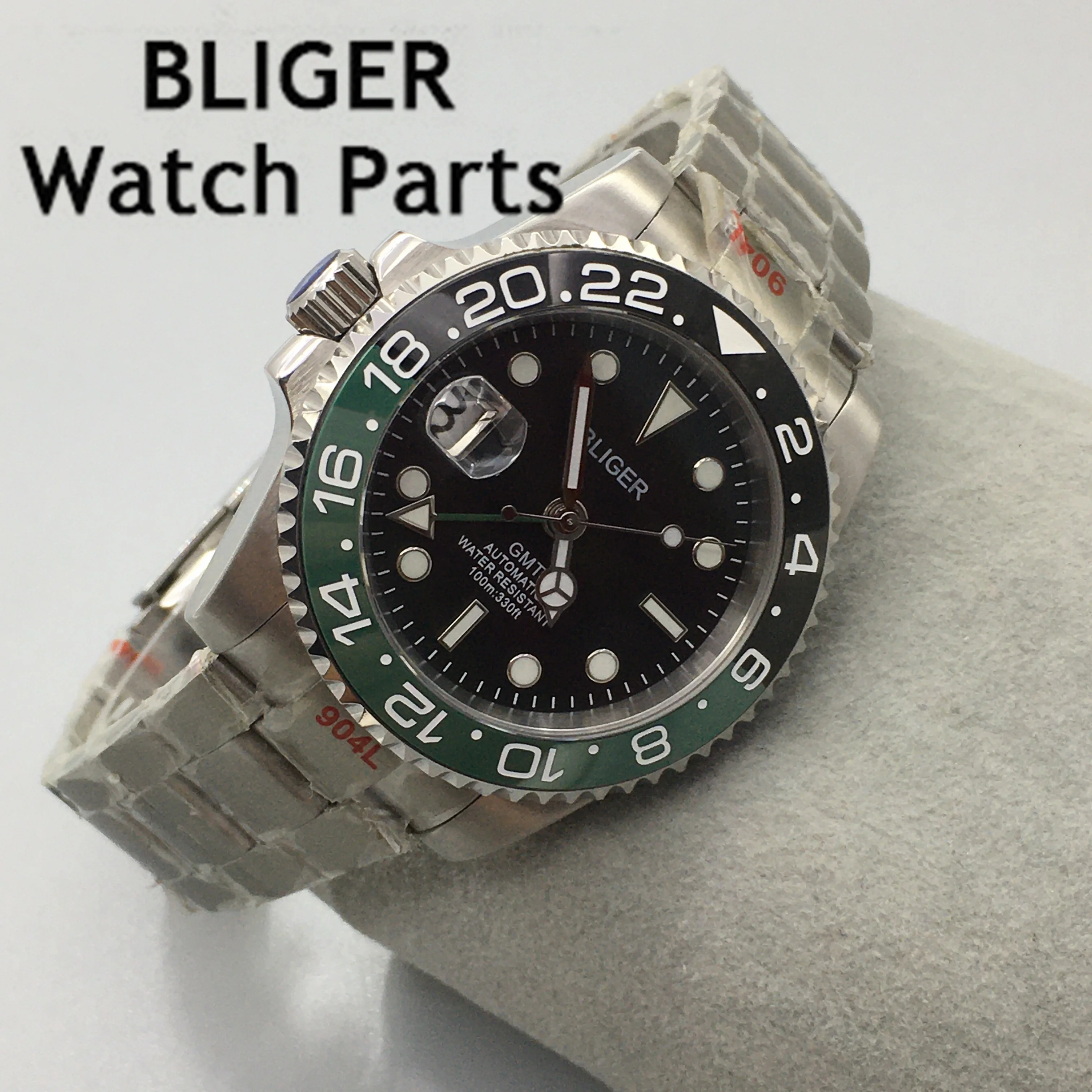 BLIGER Left Handed NH34A ATM Waterproof 40mm Black Dial GMT Function Automatic Watch Men Ceramics Bezel