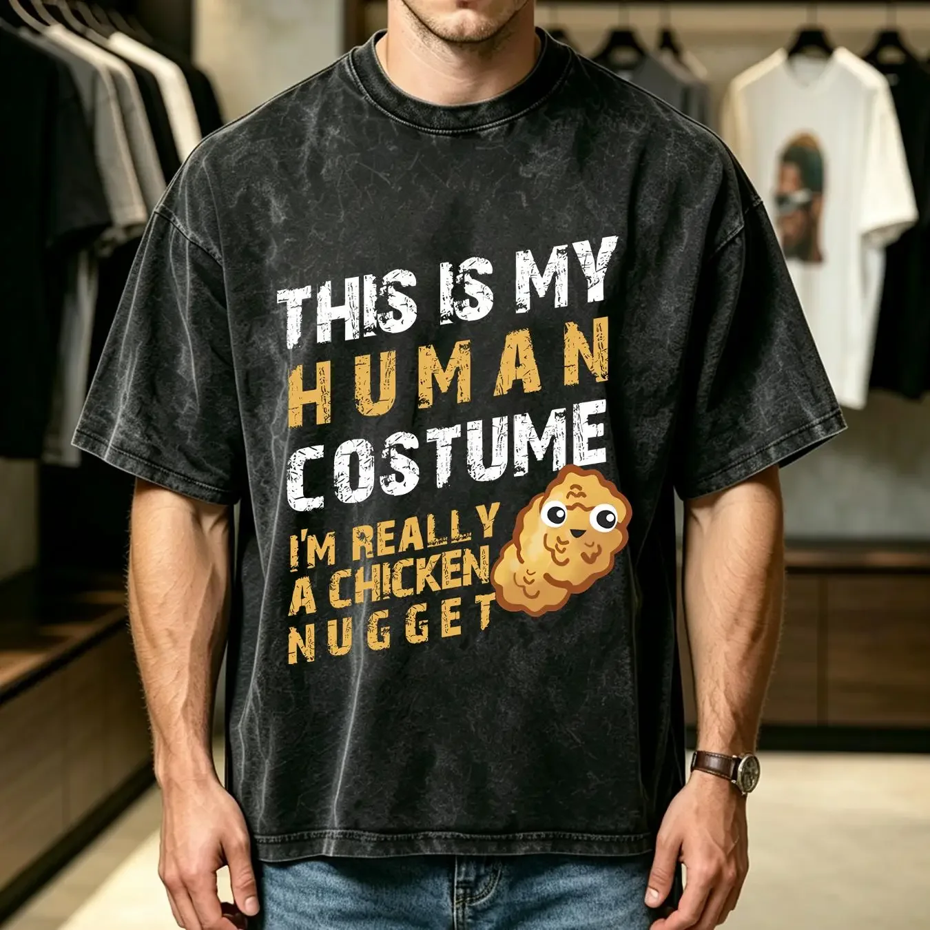 washed T Shirt This is My Human Costume I'm Really a Chicken Nugget Lazy Halloween long or short sleeves vintage Washed