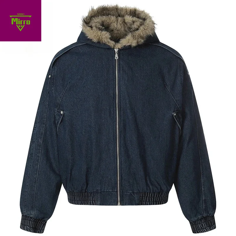 

Зимние джинсовые куртки мужские винтажные утепленные парки пальто с меховым воротником утепленные стеганые куртки Harajuku негабаритные куртки верхняя одежда