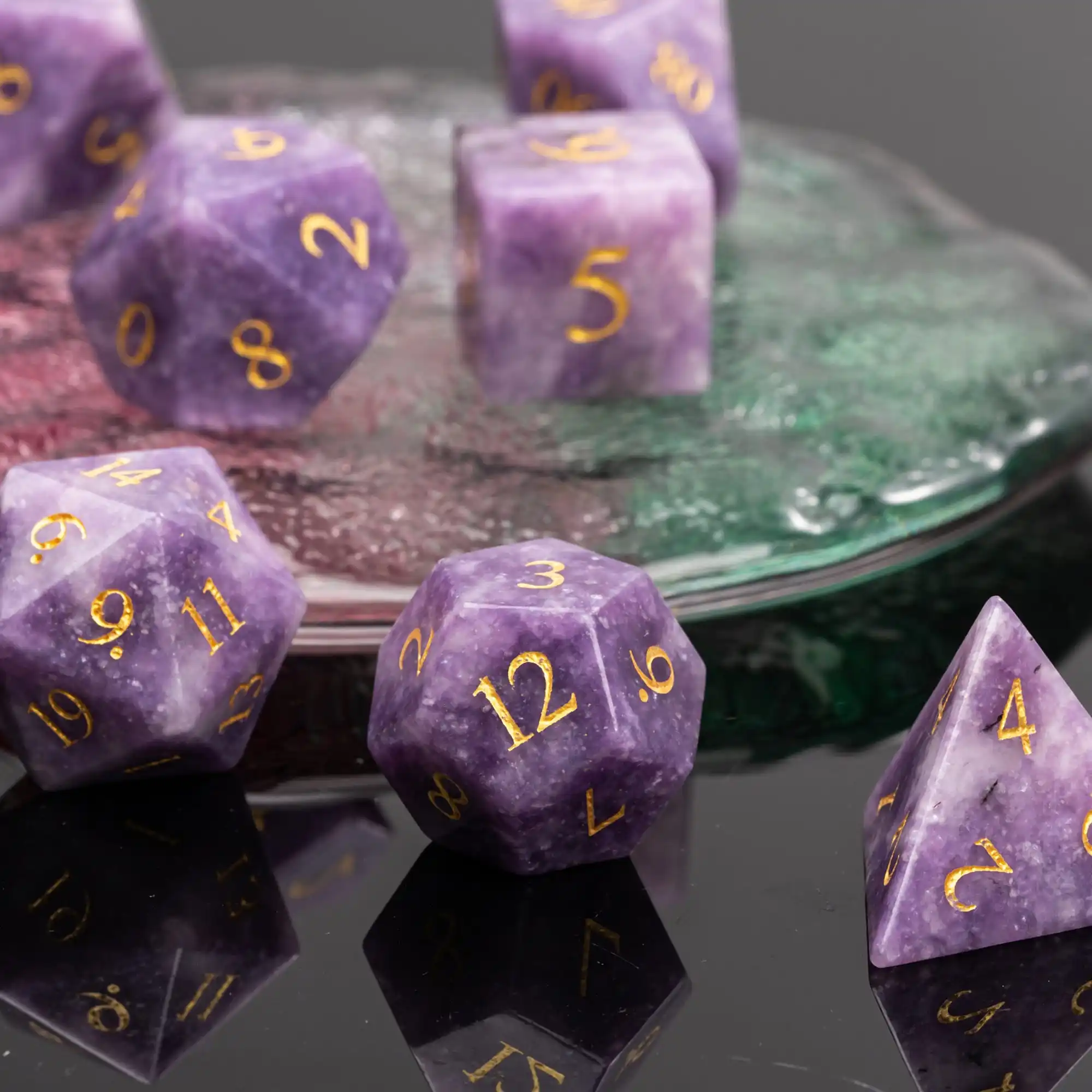 Cusdie 7Pcs Purple Lilac Stone Dice, Handmade 16mm Polyhedral Gemstone Dice Set with Leather Box, D&D Dices for Collection