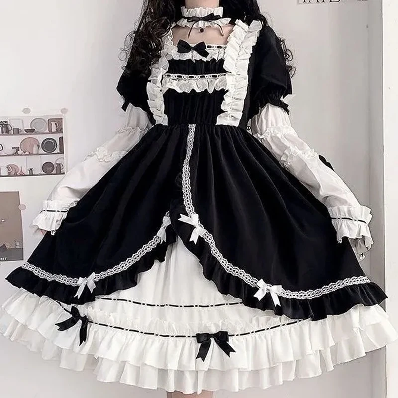 Sweet Lolita Vintage Dress Long Sleeve Costume Kawaii Loose Cute Japanese Style Bow Dress Set Cosplay Cross-dressing COS Sissy