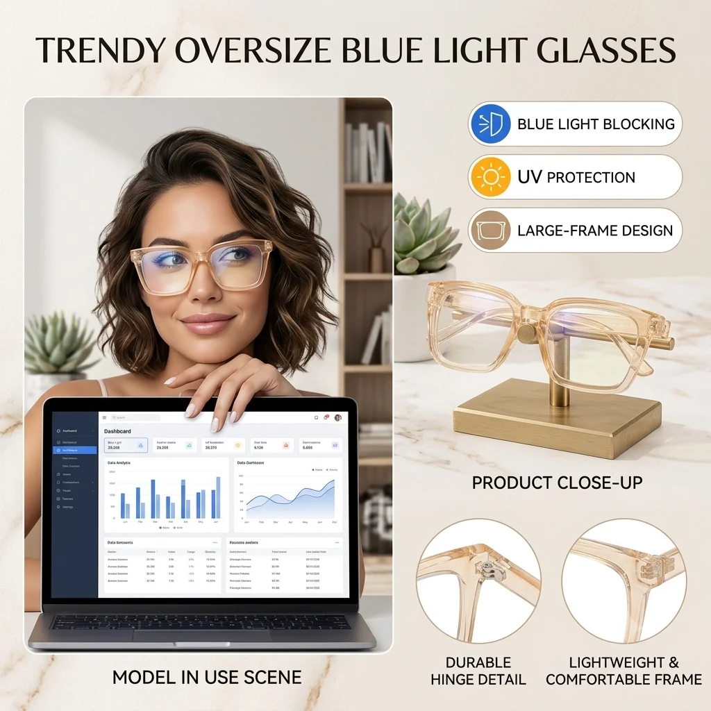KLASSNUM Oversized Blue Light Glasses for Woman Funky Fashion Glasses Large Frame Square Sunglasses Anti-Blue Light Glasses