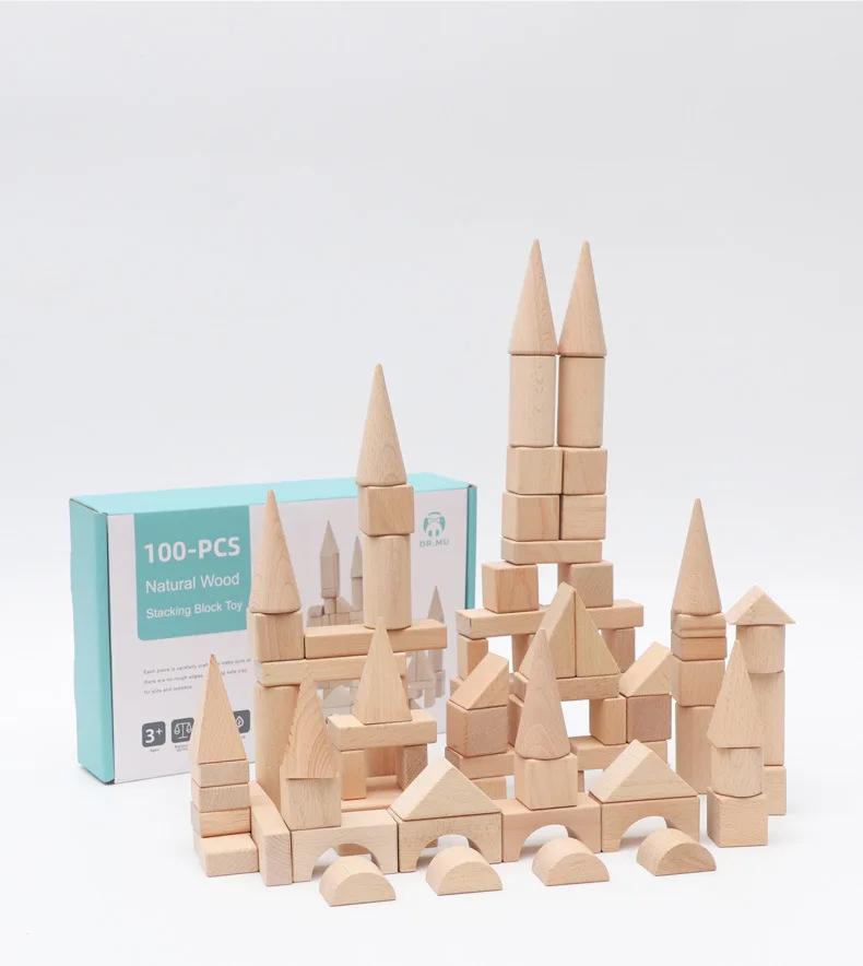 100 Pieces Big Size Solid Wood Building Bricks Kids Assembly Table Game Educational Construction Toy
