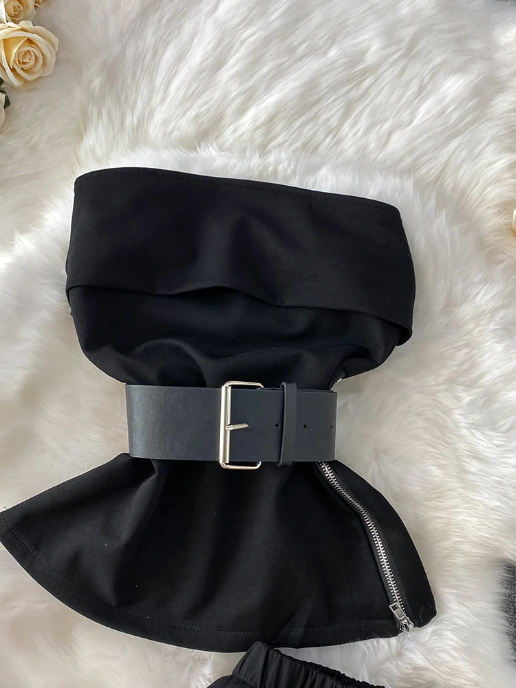 Off shoulder strapless vest design side zipper waist cinched top and high waisted flared pants set temperament two-piece set
