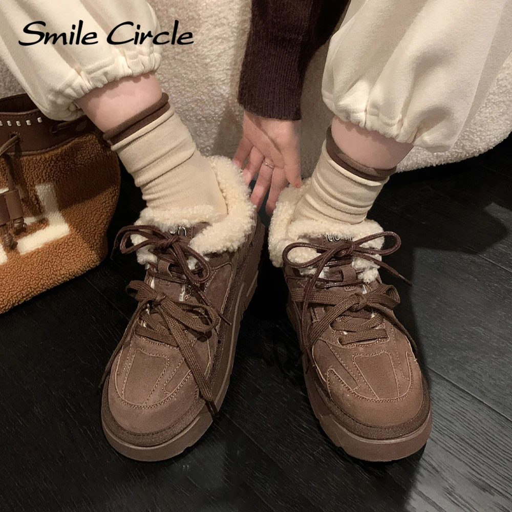 Smile Circle Women Casual Shoes Winter Suede leather Double Lace up Fur Warm Chunky Shoes