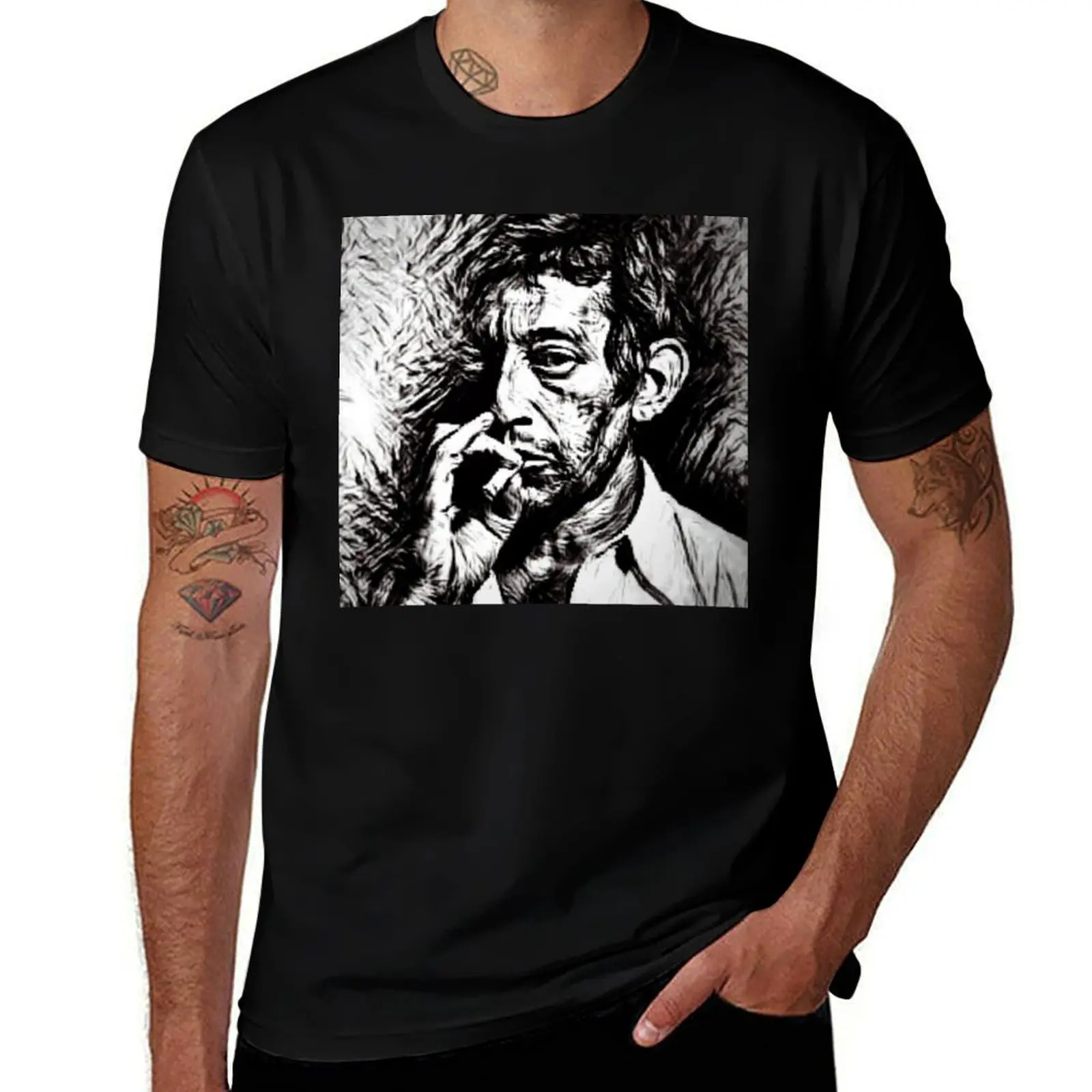 Serge Gainsbourg blacks ne white drawing T-Shirt Street Style Casual Tee Shirt T-Shirt