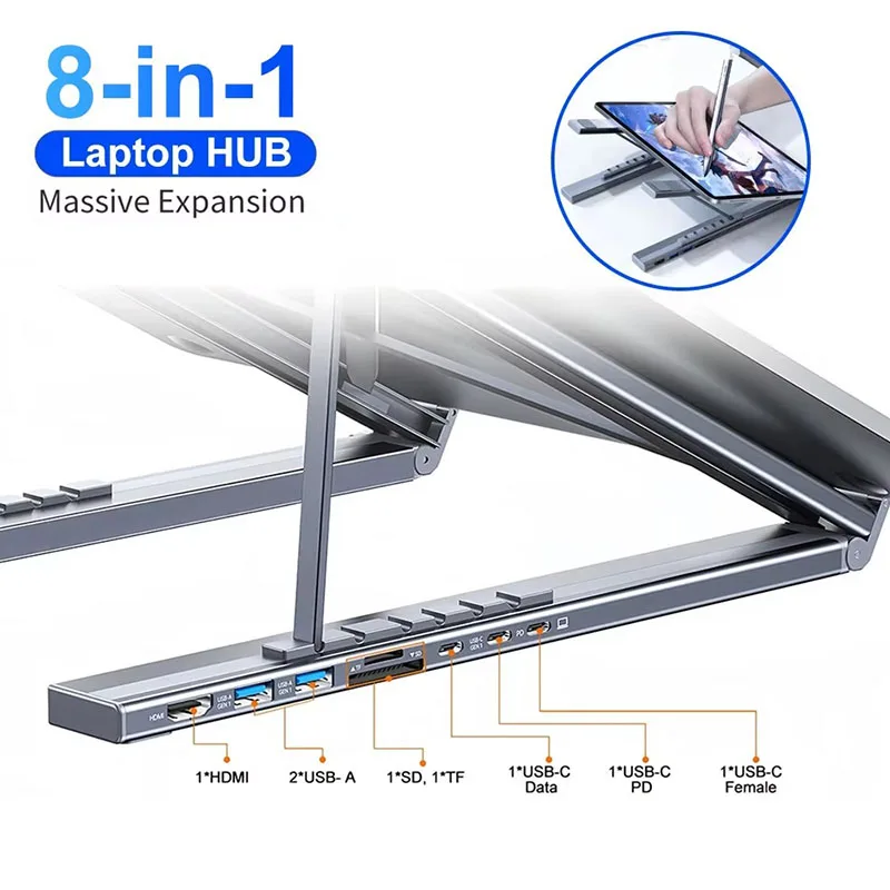 

8-in-1 Bracket Docking Station Aluminium Alloy Laptop Holder Hub TYPE-C to HDMI Adapter 4K PD100W USB3.0 5Gbps Hub USB Splitter