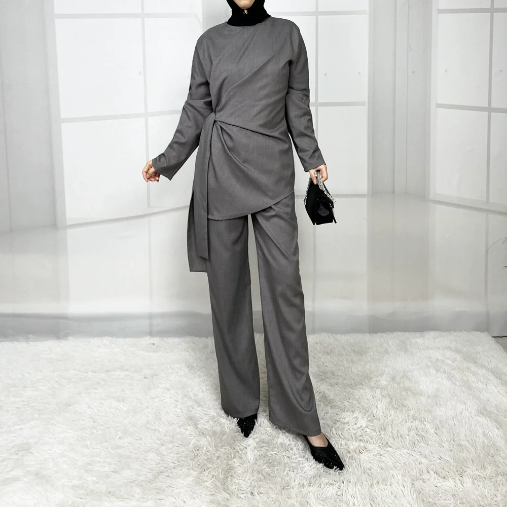 

Ramadan Arab Muslim women's clothing new luxury fashion lace up linen two-piece set dress long robe long skirt ethnic clothing