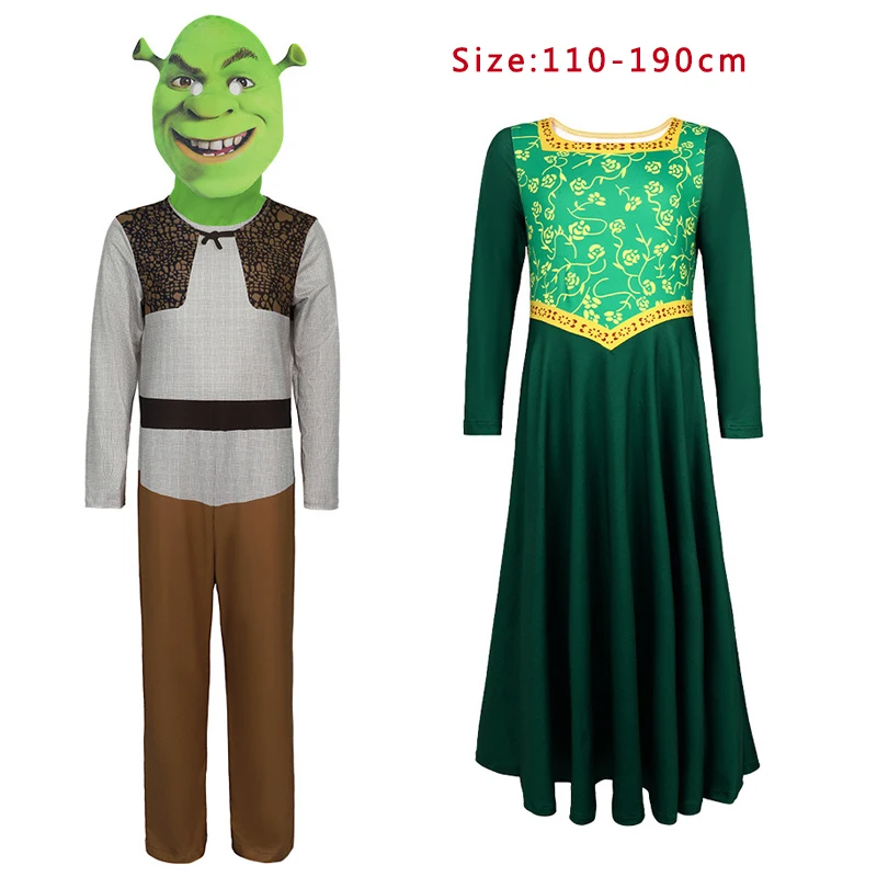 película monstruo Shrek Disfraces cosplay Shrek máscara mono princesa Fiona vestido largo para niños y adolescentes, juego de rol, conjunto completo para Halloween carnaval trajes fiesta para niñas y niños