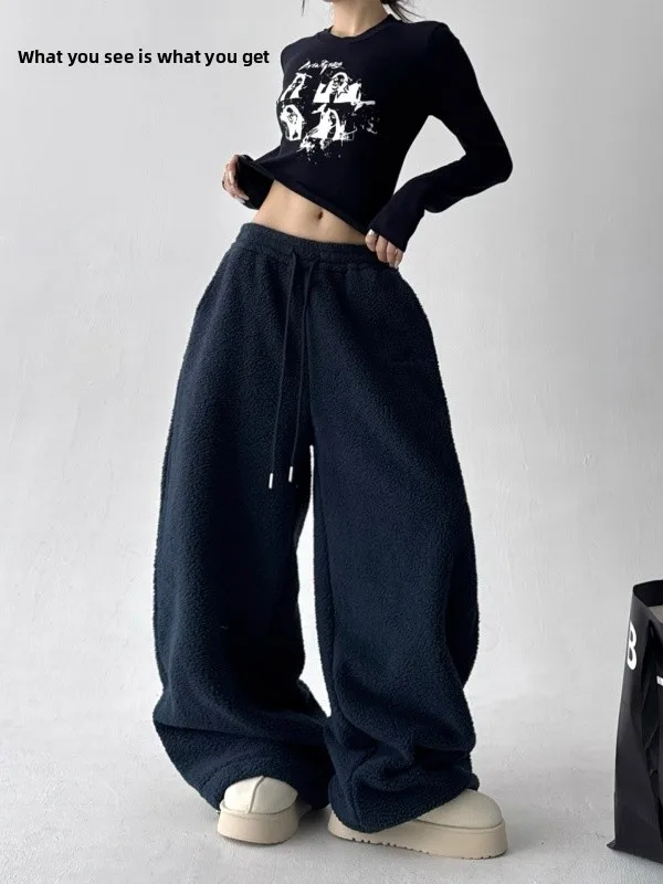 

Thickened Fleece High Waist Wide Leg Sweatpants Women's Casual Trousers Loose Fit Autumn Winter Fashion Sporty Pants