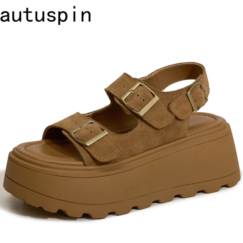 

AUTUSPIN/женские сандалии 7 см, летние модные женские замшевые туфли с пряжками, уличные популярные женские сандалии на платформе в Риме