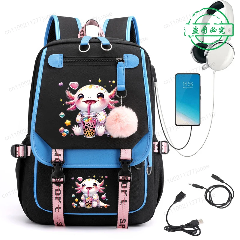 Axolotl Drinking Boba Anime Backpack Teenager Backpack for Teenager Back To School Bookbags Fashion Trend Student Bagpack