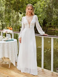 Women's V-Neck Lace Beach Wedding Dress With Slit Long Sleeve Chiffon Bohemian Bridal Dress 2024