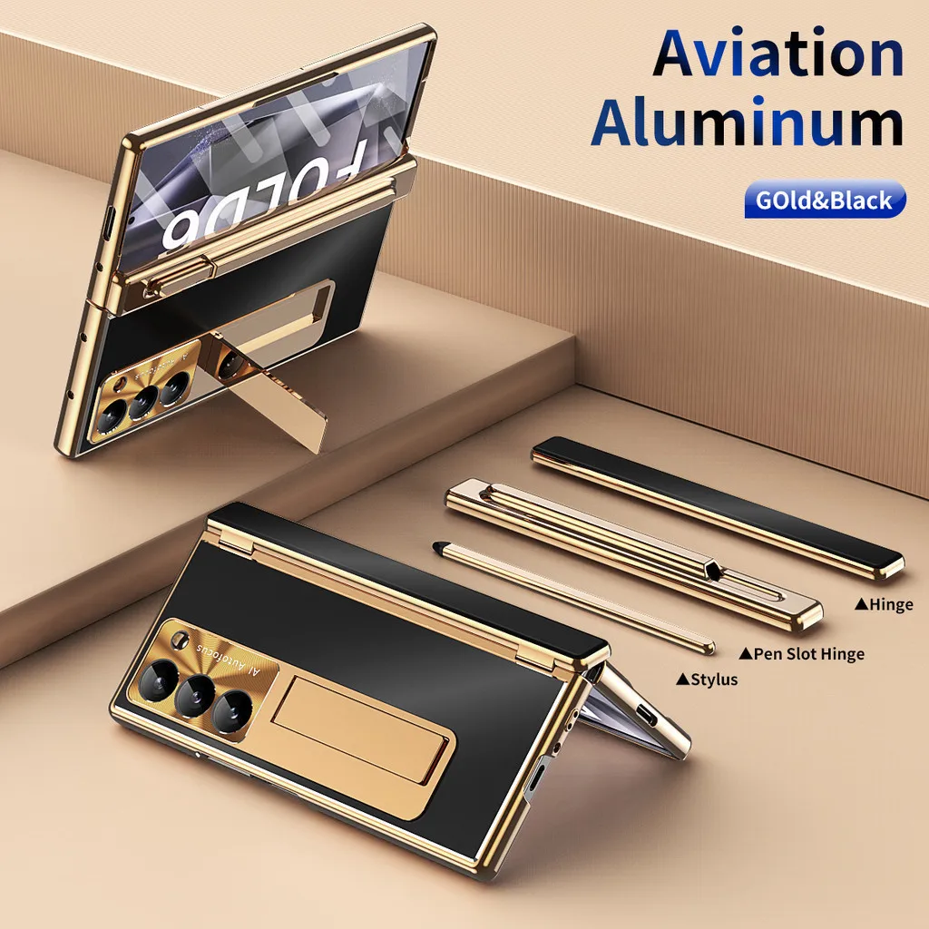 With S Pen Aviation Aluminum Case For Samsung Galaxy Z Fold 6 5 4 3 360 Full Protection Tempered Glass Kickstand Phone Cover