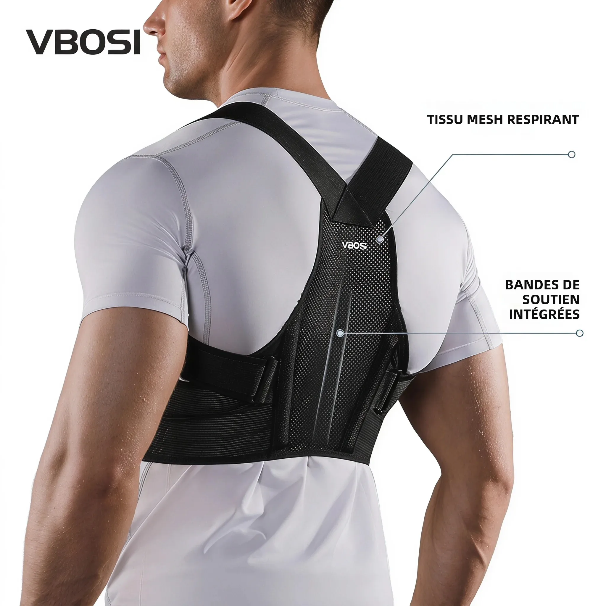 Correcteur de posture réglable VBOSI en maille respirante, ceinture de soutien dorsal et épaules pour hommes et femmes, correction invisible de la cyphose