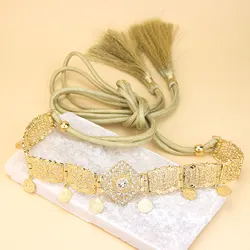 Sunspicems New Arabic Hand Rope Tassels Glitter Dancing Waist Chain For Women Gold Color Hollow Arabesque Robe Belt Body Jewelry