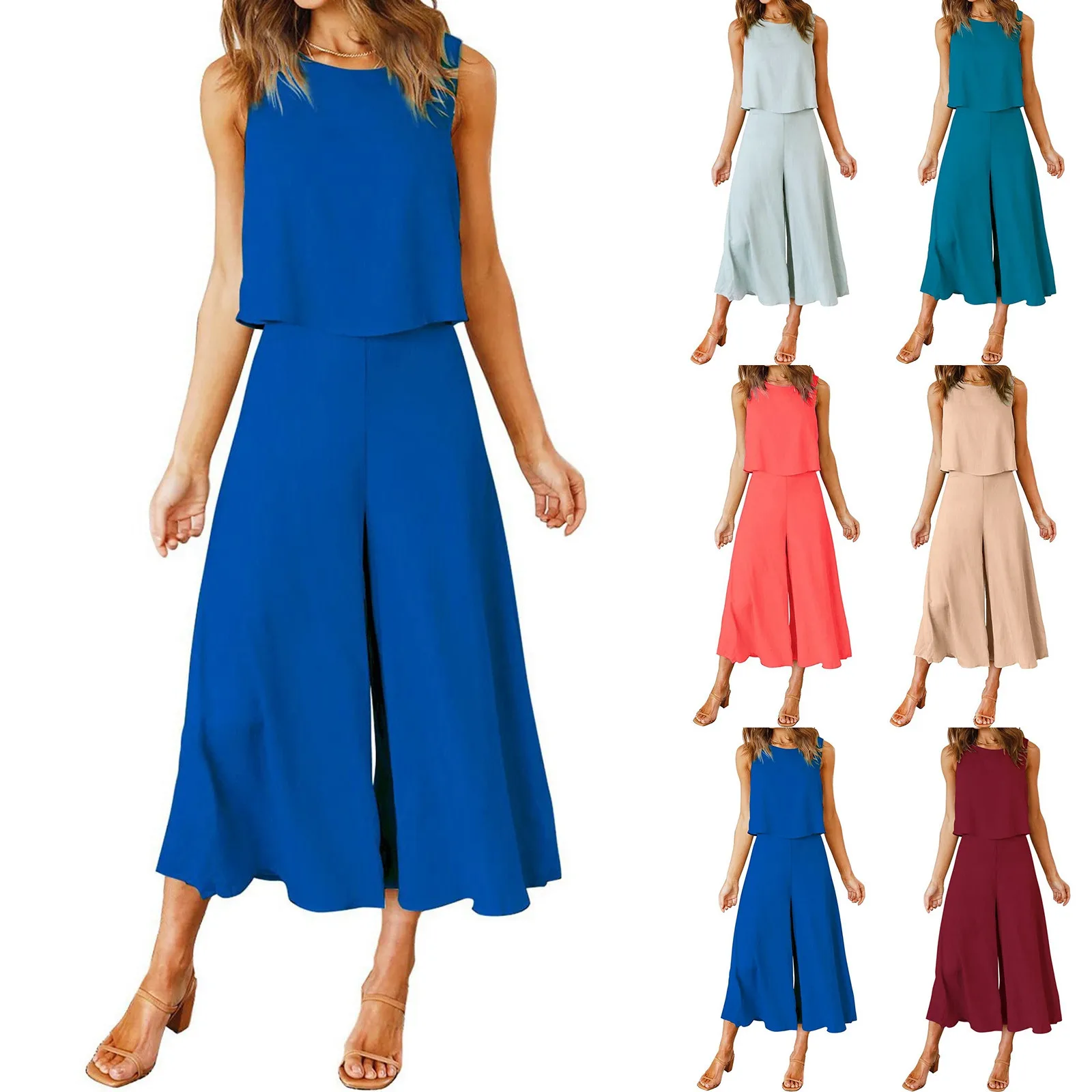 

Summer New Women'S Suit Solid Color Chiffon Sleeveless Top And Pants Set Light Breathable Loose Comfortable Sexy Elegant Outfit