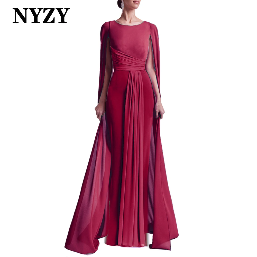 NYZY E412C Cape Sleeves Chiffon Mermaid Green Mother of the Bride Groom Dresses Elegant 2024 Party Prom Evening Gowns