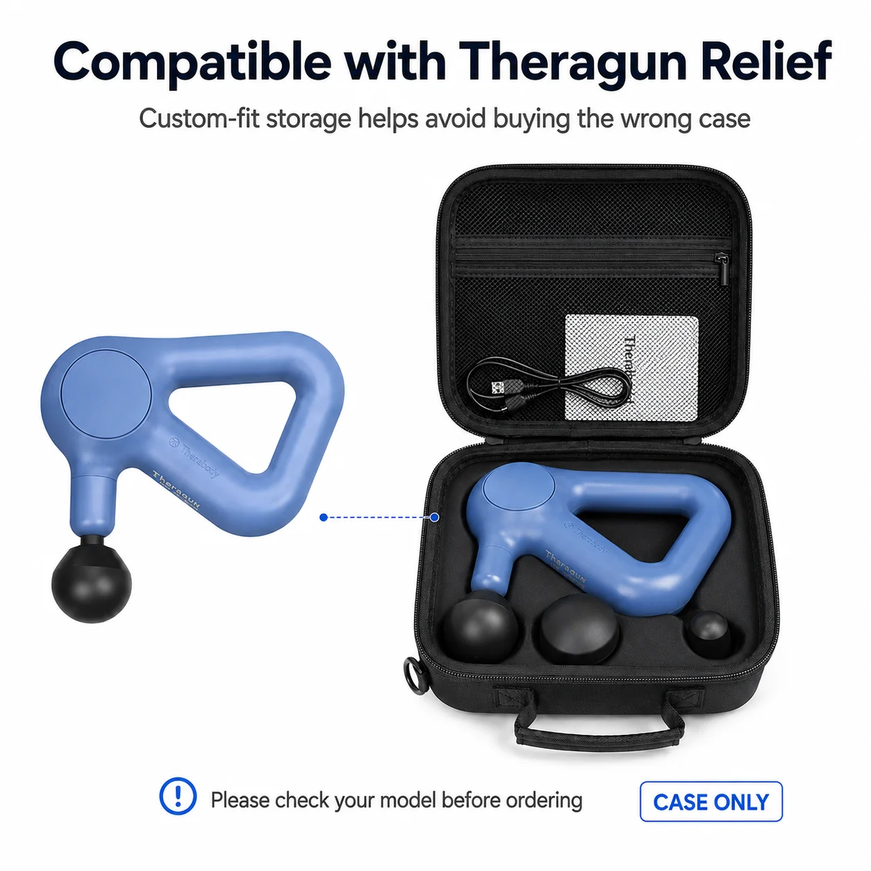 Massage Gun Case for Theragun Relief, Hard EVA Carrying Case with Molded Insert, 900D Oxford Fabric, Adjustable Shoulder Strap f