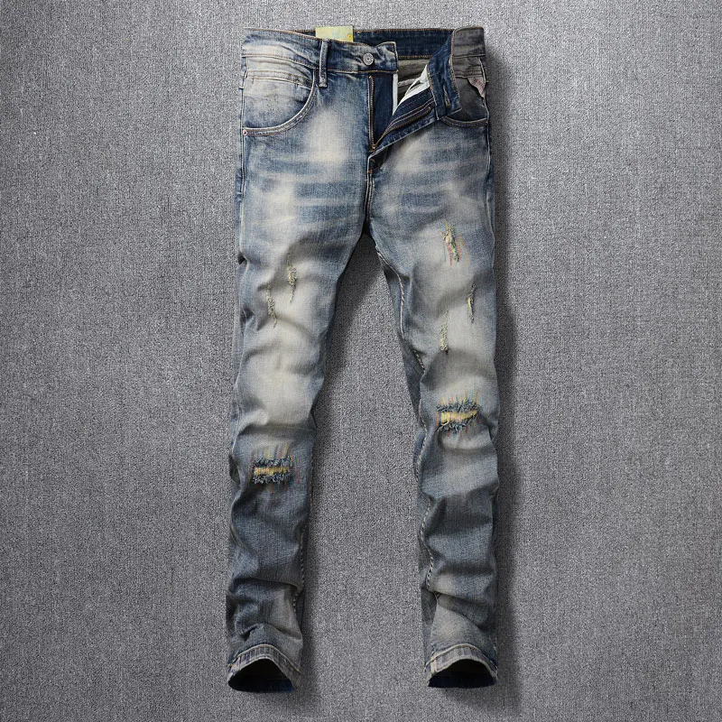 

Streetwear Fashion Men Jeans Retro Washed Blue Stretch Slim Fit Ripped Jeans Men Embroidery Designer Vintage Denim Pants Hombre