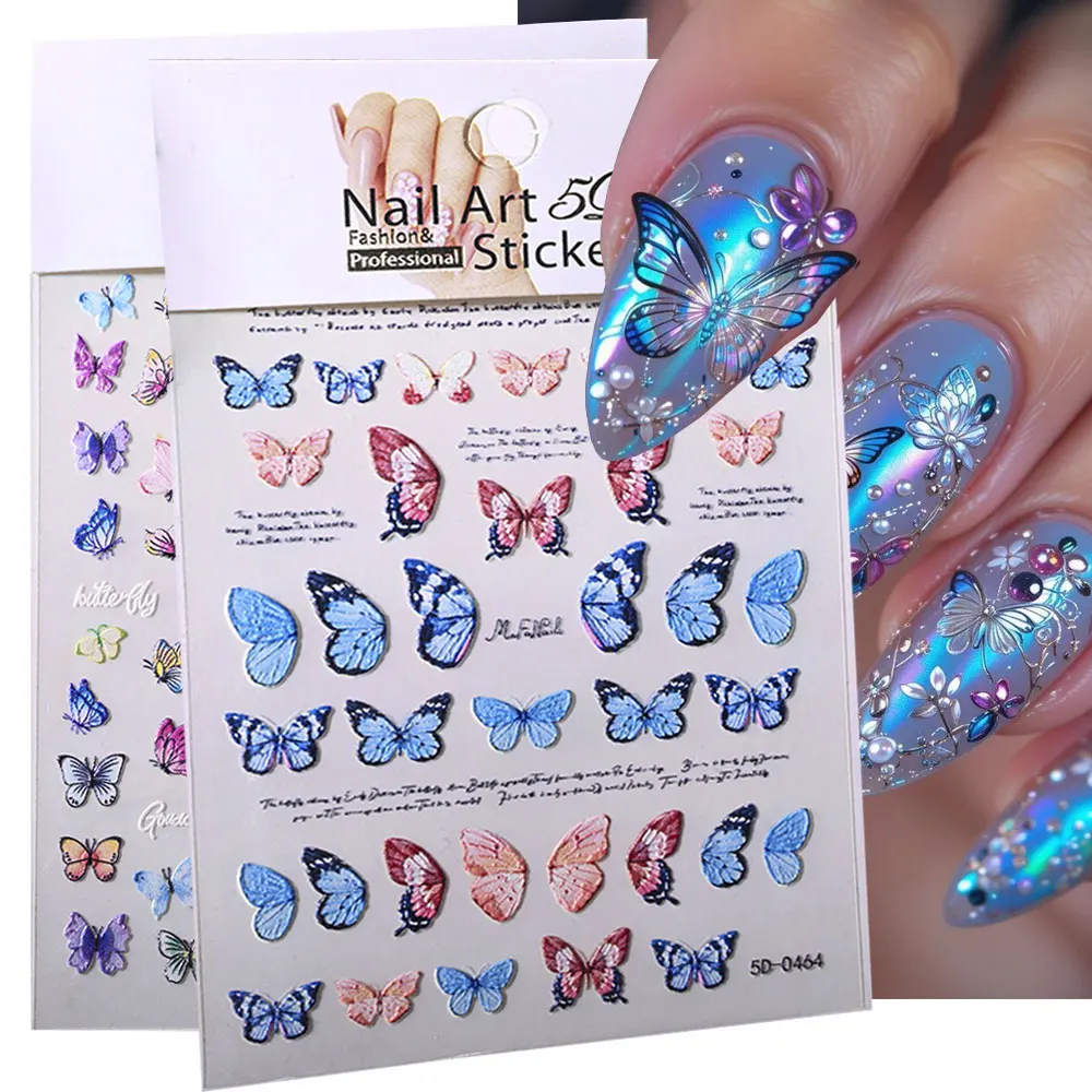 5D Embossed Butterfly Nail Art Sticker Blue Pink Butterflies Nail Decals 8*10cm Exquisite Butterfly Nail Art Decorations YU78