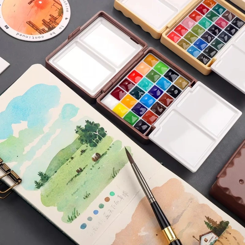 Portable Three-fold Plastic Watercolor Paint Box 12/24 Color Watercolor Package Student Travel Painting Art Supplies