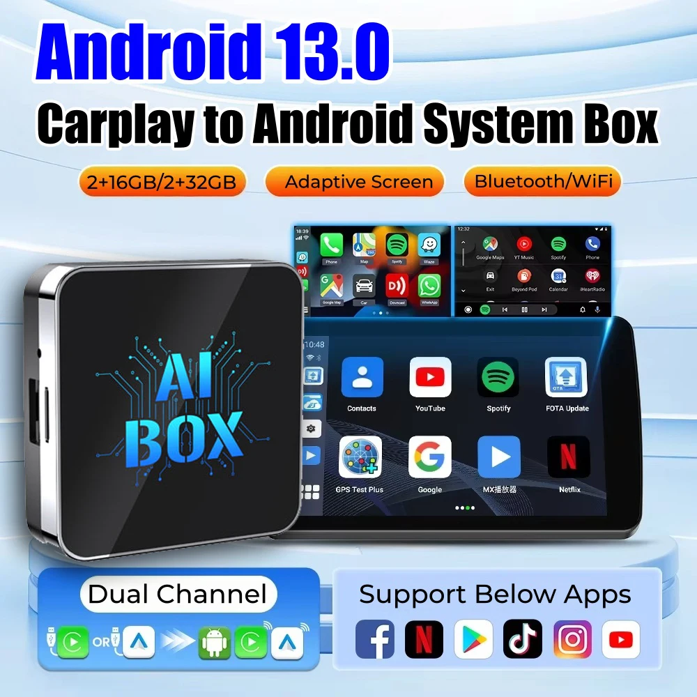 2026 Android 13 CarPlay Ai Box Wireless Android Auto 3in1 USB Smart TV Box Adapter Plug And Play For Youtube Netflix Toyota VW