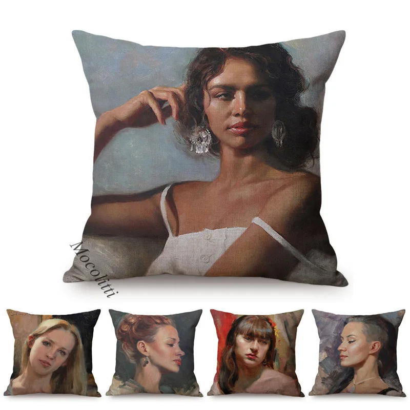 Beautiful Woman Self Portrait Art Sofa Throw Pillow Case Sexy Oil Painting Home Decoration Chair Square Cushion Cover Kussenhoes