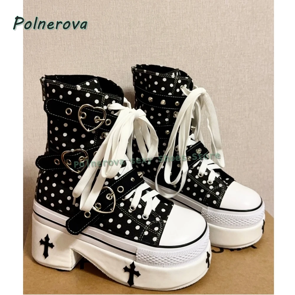 Botas a media pantorrilla con plataforma de lunares, punta redonda, hebilla de corazón, encaje hasta, Patchwork, botas de lona a la moda para mujer, estilo de subcultura Cosplay