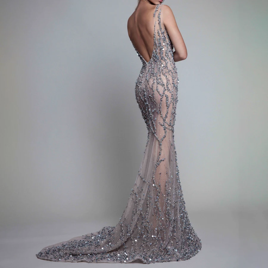 Customized Prom Dress Sparkly Crystal Party Trumpet / Mermaid Beading Illusion Elegant Evening Formal Backless Dresses 2024