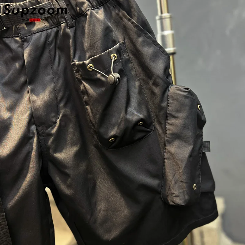 Supzoom New Arrival Top Fashion Summer Loose Casual Belt Design High Street Trendy grid Stitching Pocket Personalized Shorts Men