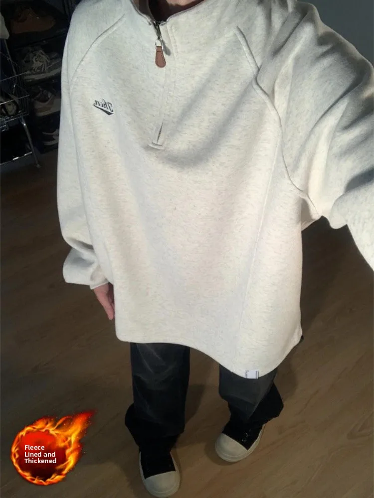 

American Sle Fce Lined Hoodie Thiened f Zipper Stand Collar Men's Autumn Winter Warm Loose Casual Outerwear
