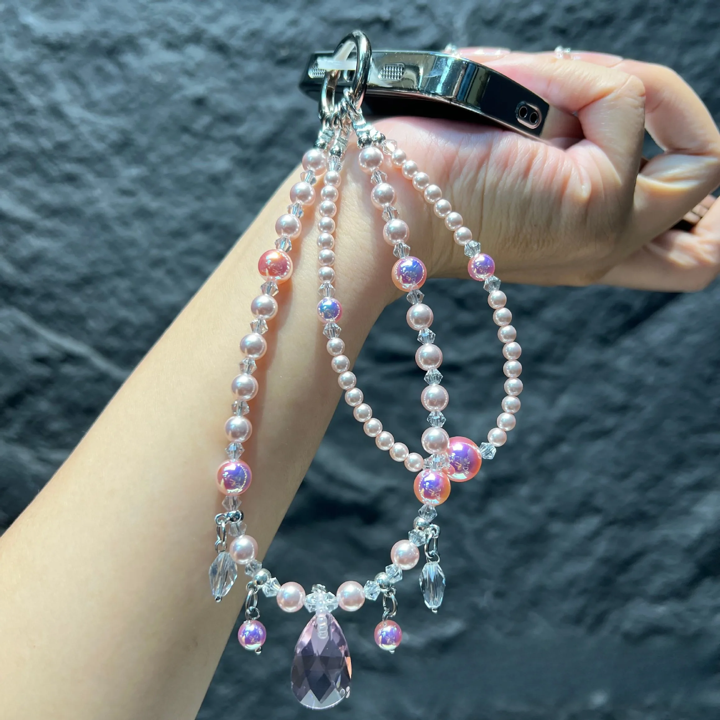 Crystal Water Droplet Pendant Phone Chain Lanyard Pearl Double Layer Exquisite Versatile Short Lightweight Anti-loss Phone Charm