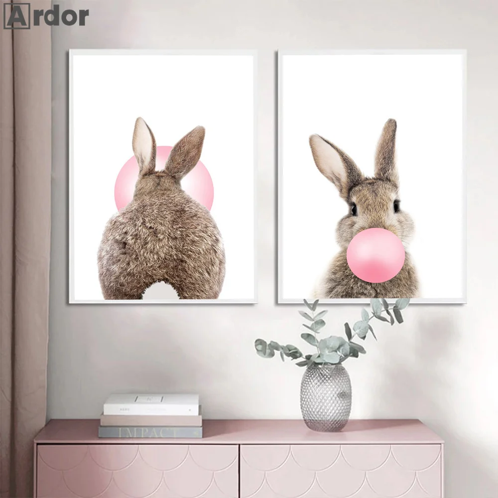 Rabbit Wall Art Poster Pink Balloon Animal Canvas Painting Bunny Bubble Gum Print Nursery Wall Pictures Kids Baby Room Decor