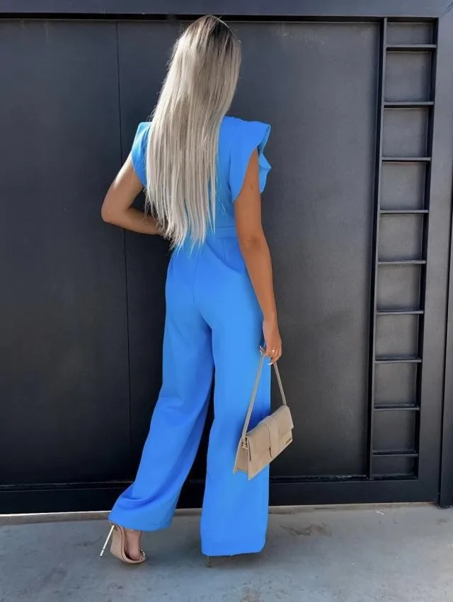 Jumpsuit mit Schnürung, hoher Taille, elegant, einfarbig, gerade geschnitten, modische Rüschenärmel, Dating-Jumpsuit – Detail 8