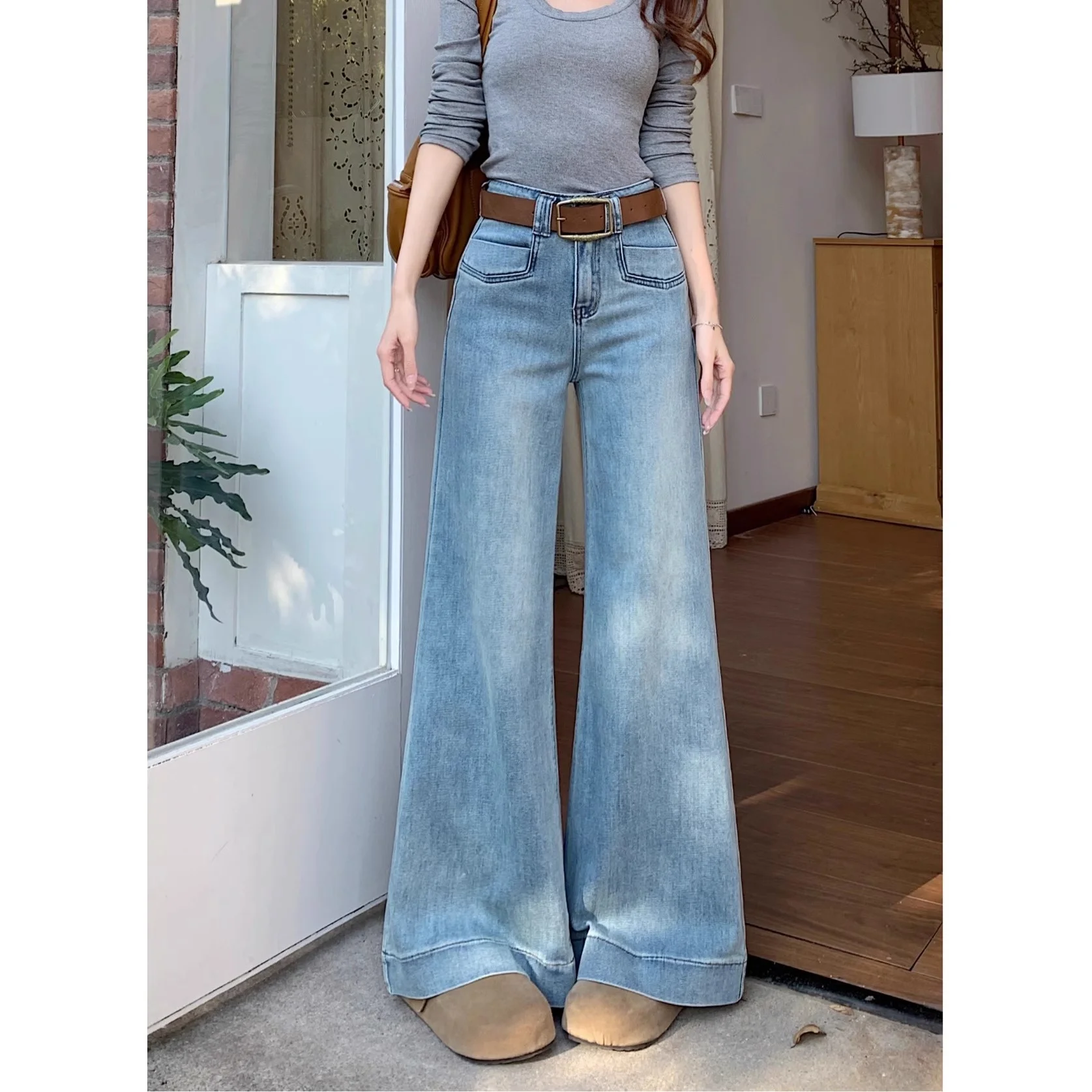 

High Waist Loose Wide Leg Jeans Women's Summer Vintage Blue Floor-Length Straight Tube Micro Flared Pants Casual Zipper Sle