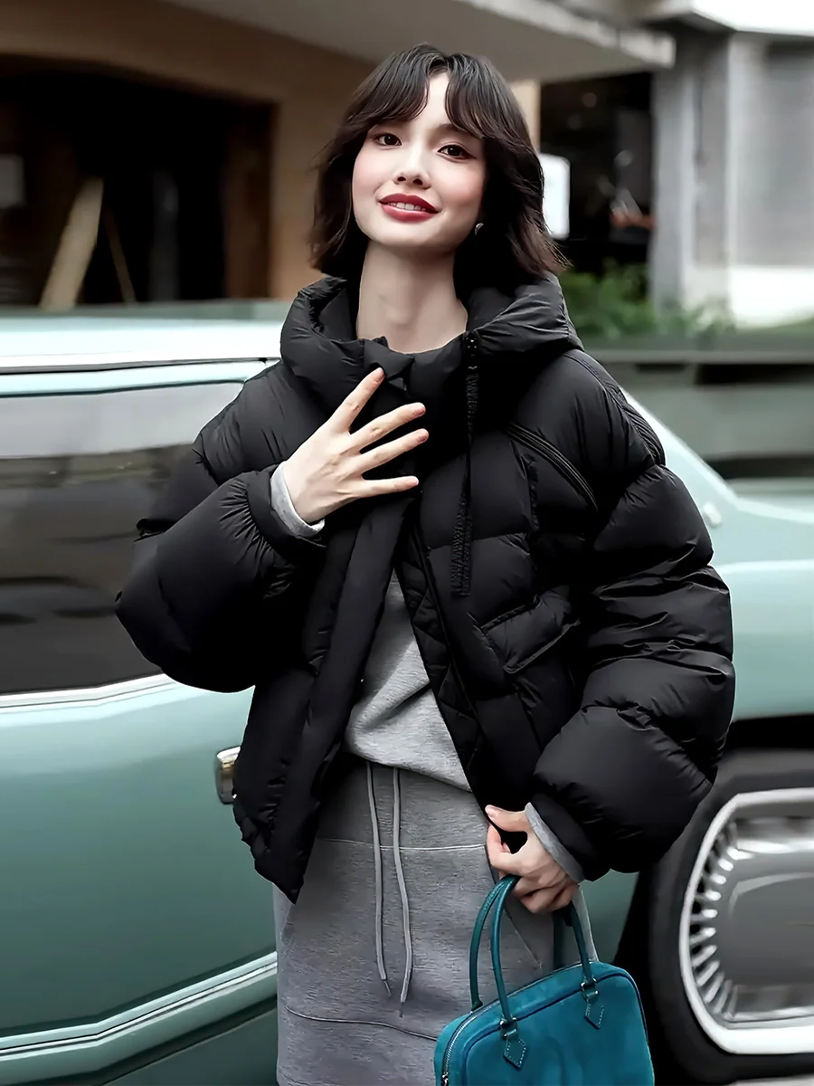 Abrigo cálido de invierno para mujer ort White Du down Jaet, diseño de sombrero de Color moderno, para ir al trabajo, a prueba de frío