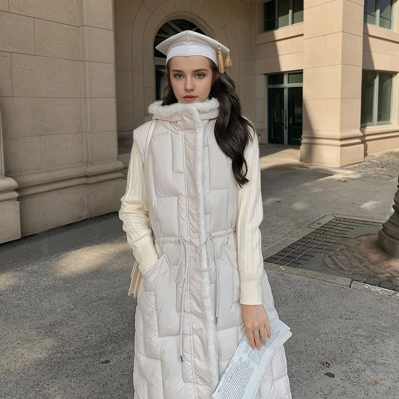 

Women's Fashionable Fitted Waist Long Overknee Puffer Vest with Hood 2026 Autumn Winter Outerwear Cotton Jacket