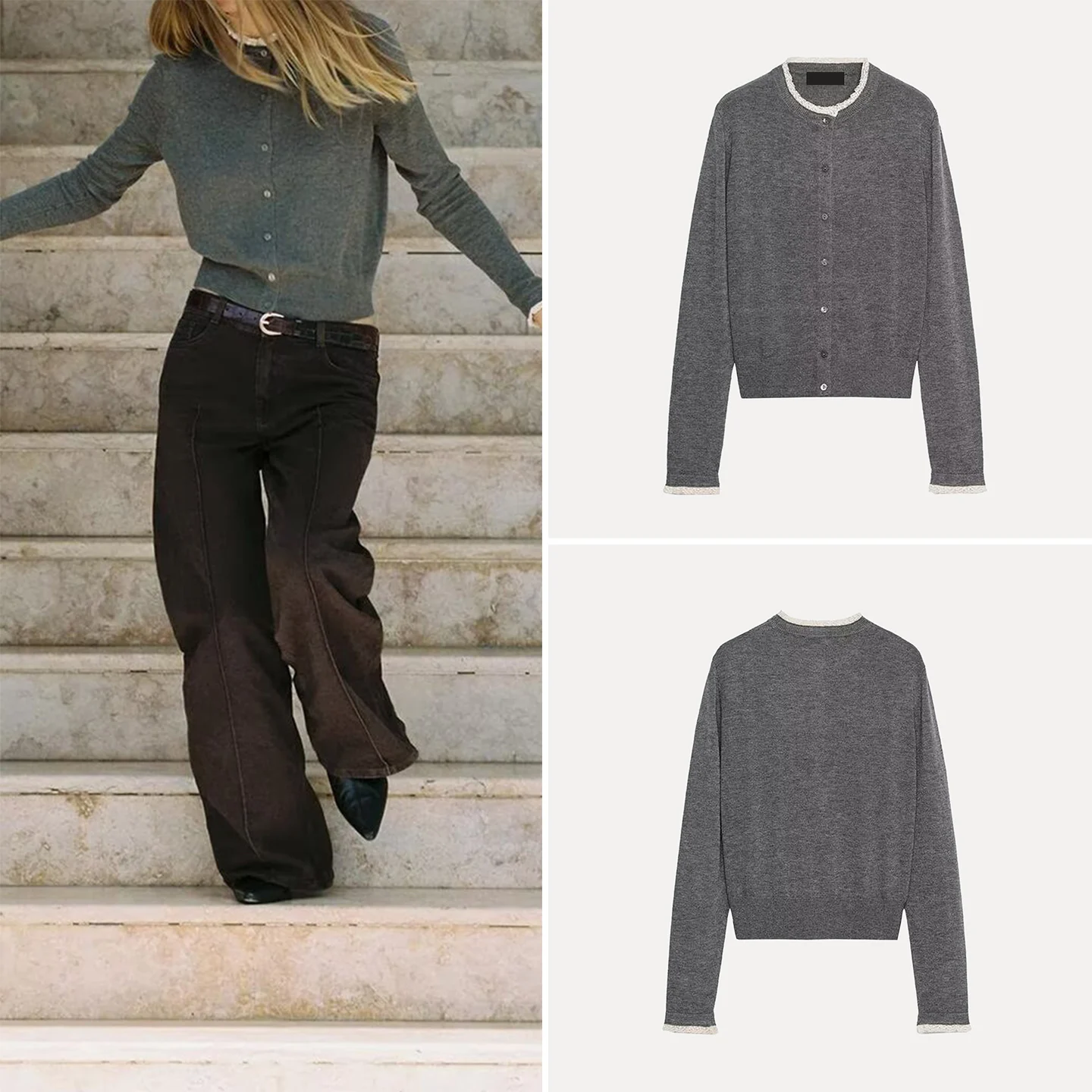 

Z Sweet Commute Knitted Outerwear 2025 New Sle Casual Splicing Girl's Long Sve round Ne Button Cardigan