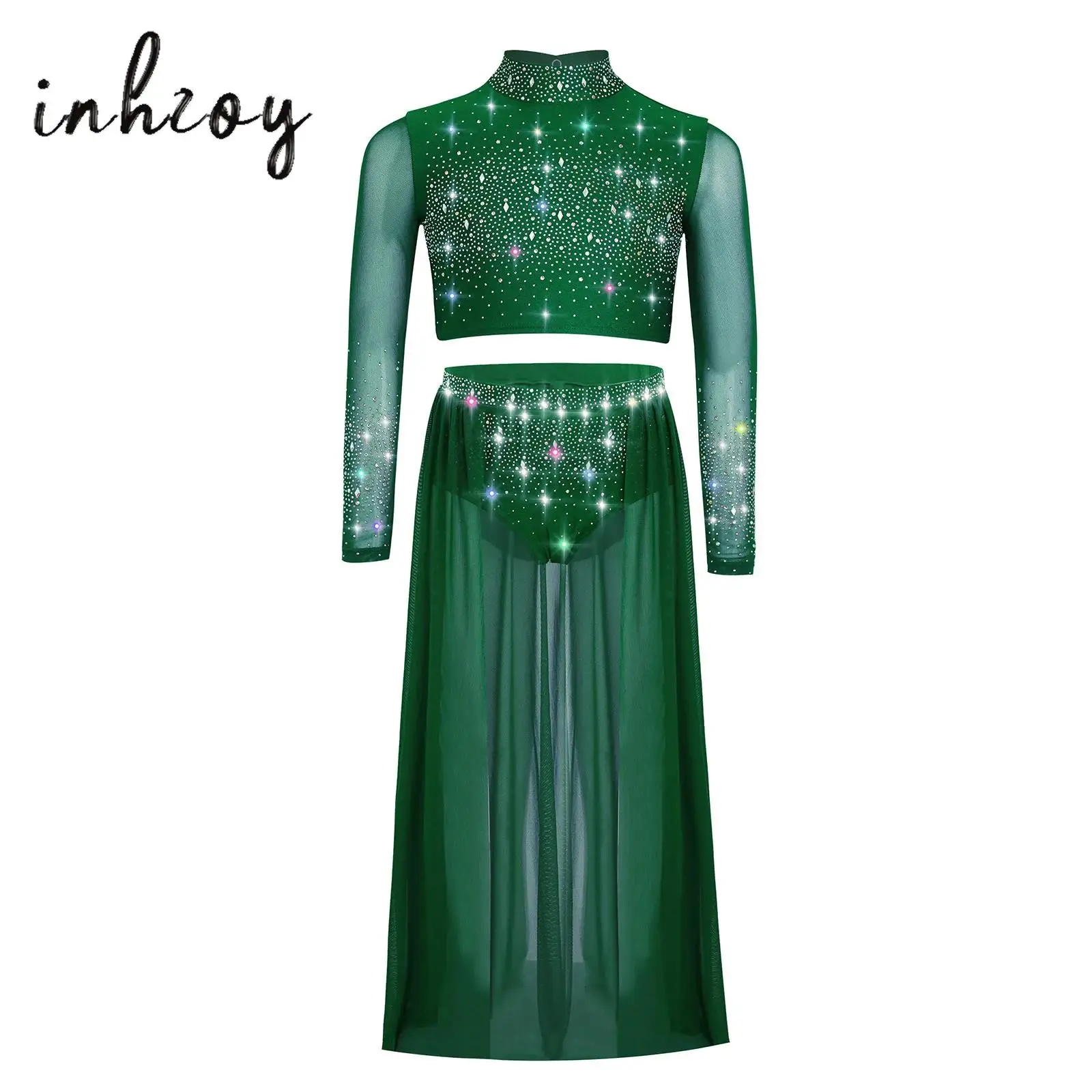 Kids Girls Contemporary Lyrical Dance Outfit Long Sleeve Keyhole Back Rhinestones Crop Top+Open Front Flowy Sheer Mesh Skirt