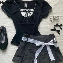 Skirt Outfits Fashion Two Piece Sets Women's Square Collar Short Sleeve Crop Tshirts Pleated Mini Skirts Suit Summer Sweet Set