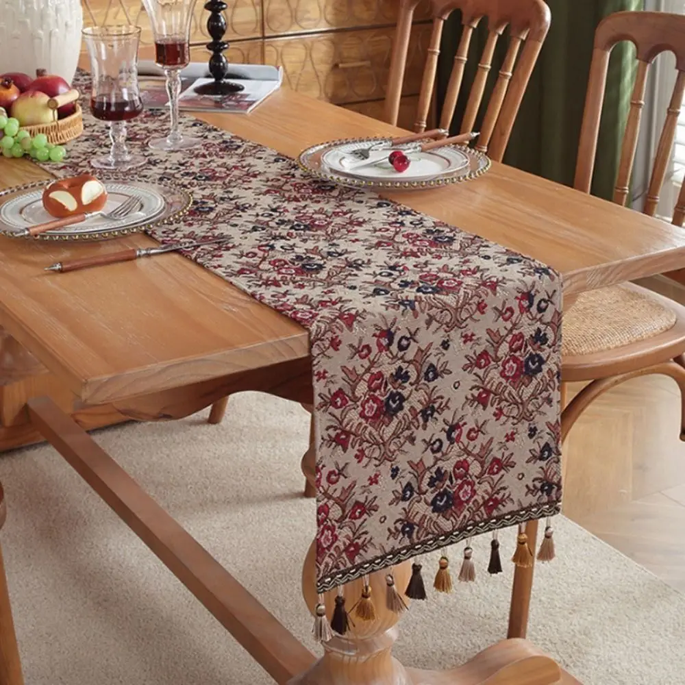 Jacquard Oil Painting Style Flower Table Runner with Tassel Vintage Table Cover Bohemia Tablecloth Table Decor