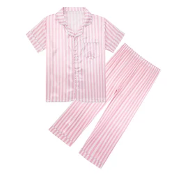 2Pcs Kids Sleepwear Girl Sweet Striped Mock Silk Satin Pajamas Sets Child Teen Cool Skin-Friendly Short Sleeve Pyjamas Nightwear