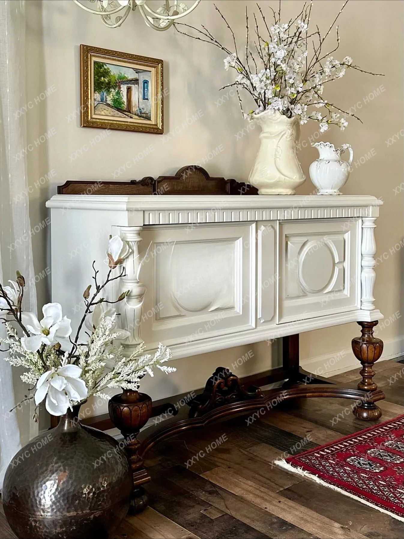 Gabinete de porche tallado con puerta de entrada para sala de estar, villa de madera maciza retro francesa