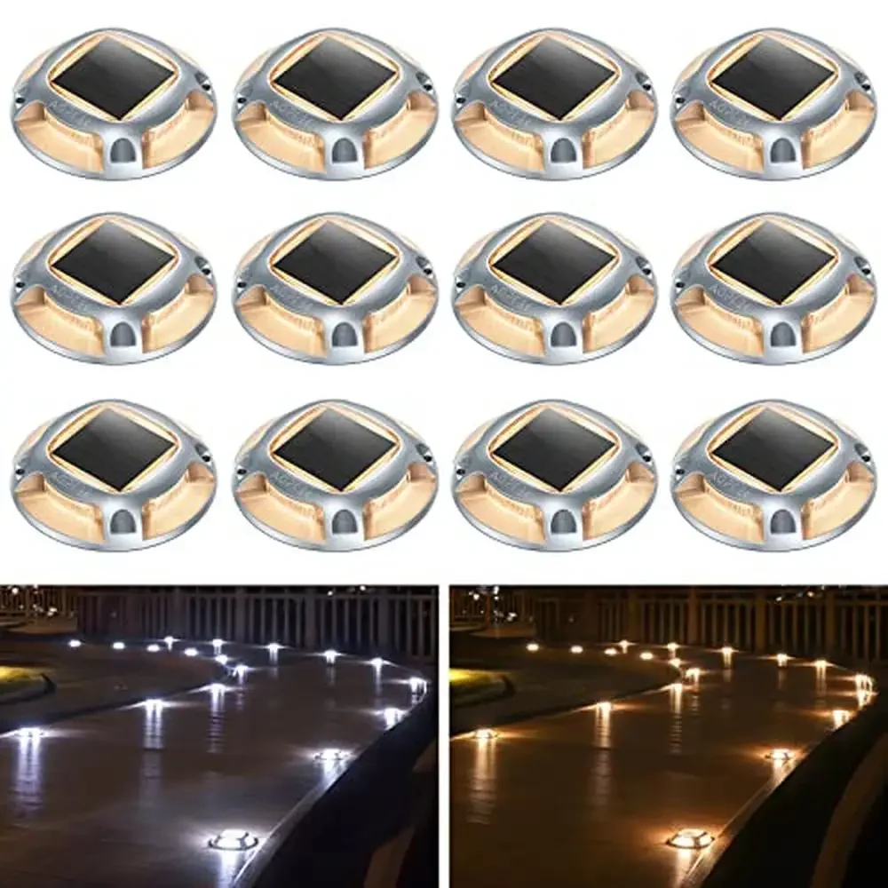 Solar Outdoor Driveway Lights 12 Pack Deck Dock Waterproof Markers Step Garden Patio 2 Color Modes LED Beads Rustproof Aluminum