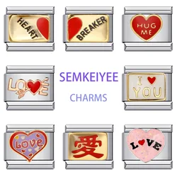 Trendy Y2k Romantic LOVE Heart Breaker Hug me Glaze Charm Links Fit 9mm Bracelet Silver Color Stainless Steel Making DIY Jewelry